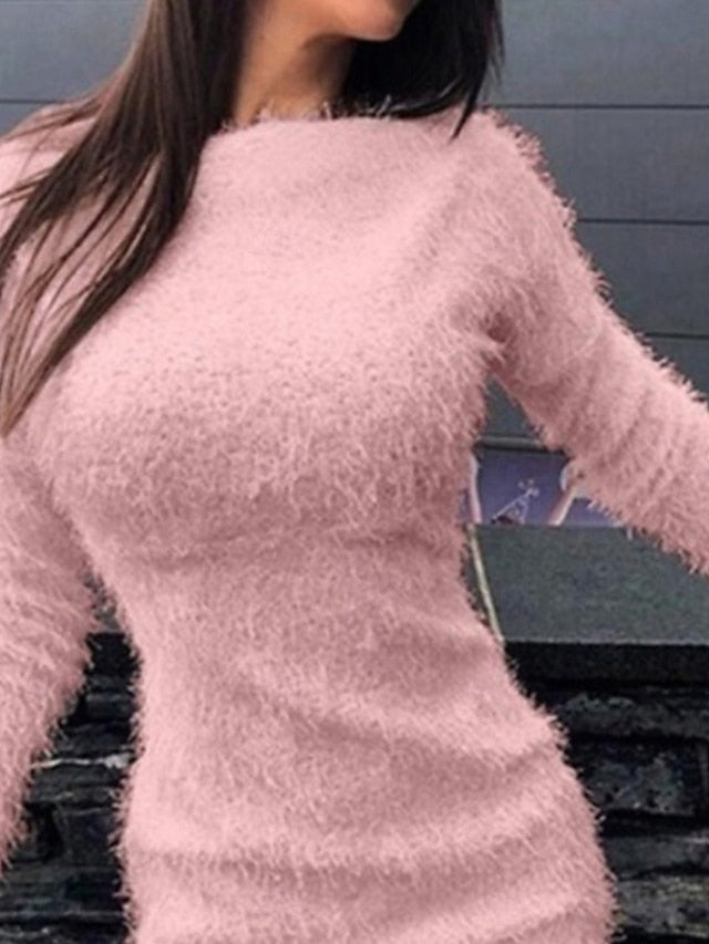 Women's Casual Dress Mini Dress Fleece Casual Crew Neck
