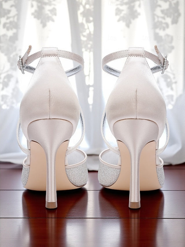 Elegant Strap - Silver Ankle Heels Glitter Stiletto Women's