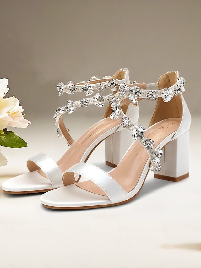 Crystal with Sandals Satin Heel Women's Pink Straps Block