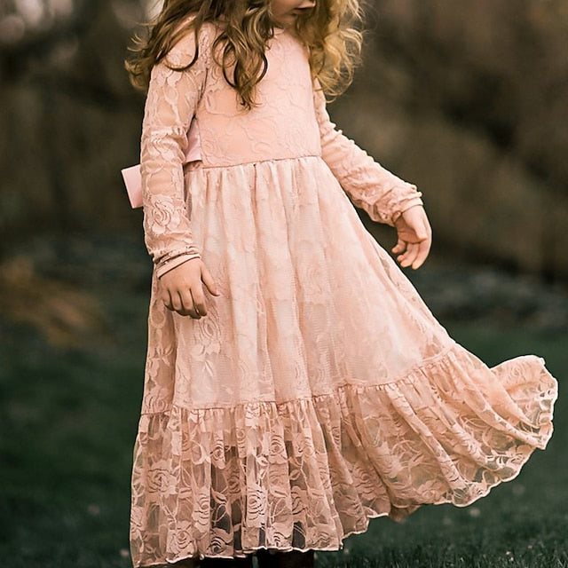 Flower Solid Girls' Long Kids Colored Girl Dress