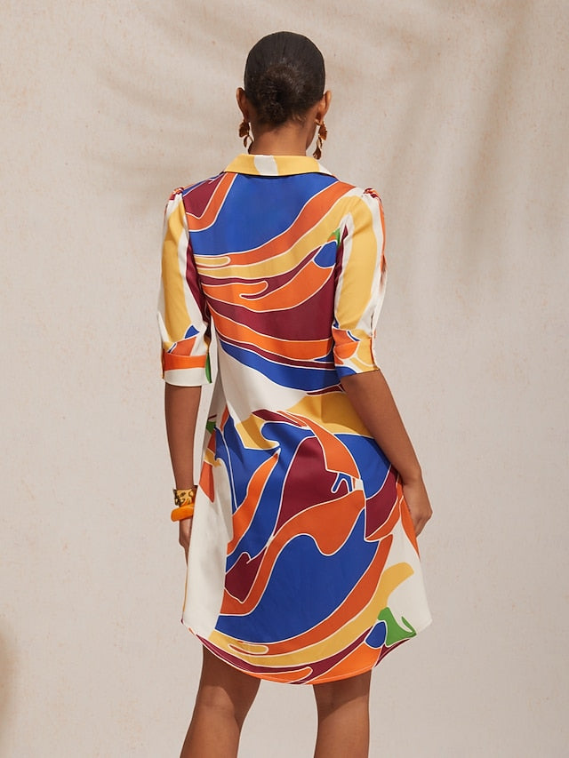 Vacation Geometric Color Block Pattern Straight Satin Shirt