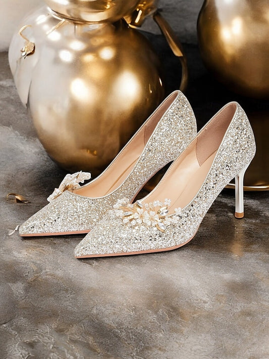 Heels Silver Glitter with Stiletto Floral Women's