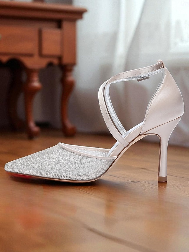 Elegant Strap - Silver Ankle Heels Glitter Stiletto Women's