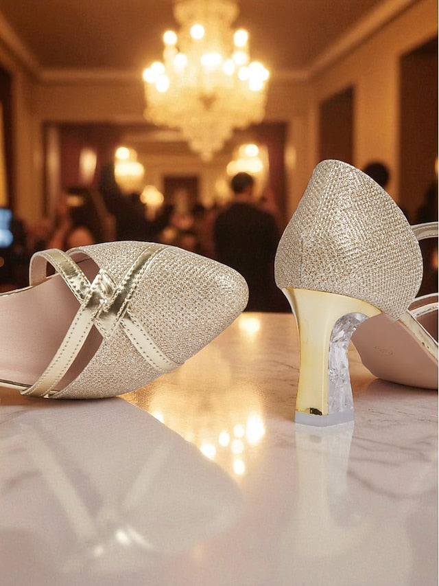 Women's Block Ankle Pumps Heel Strap Gold Elegant Glitter -