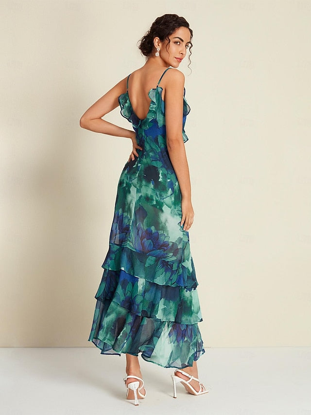 Chiffon Wedding Guest Floral Ruffle Split Ends Sleeveless Maxi