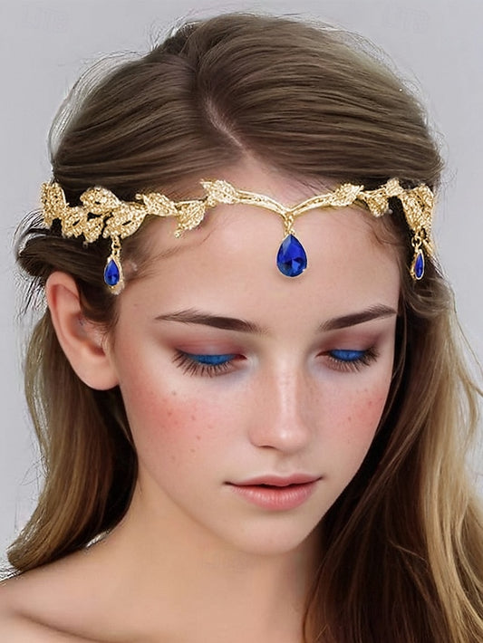 Gemstone with Leaf Gold Headpiece Blue Vintage Drops –