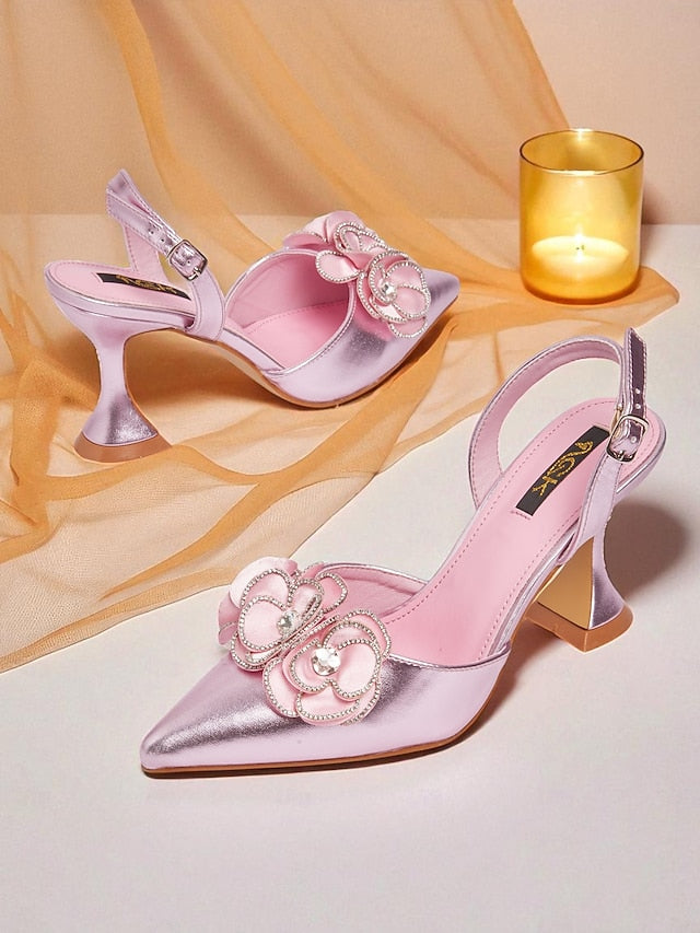 Satin Heels Floral Toe with Women's Pink Pointed