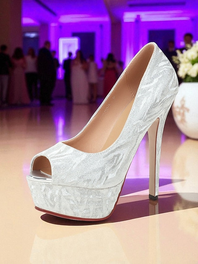 Women's Silver Peep-Toe Platform Subtle Pattern with Heels