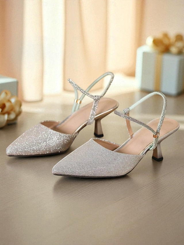 Silver Pointed Glitter Heels Women's Slingback Toe with
