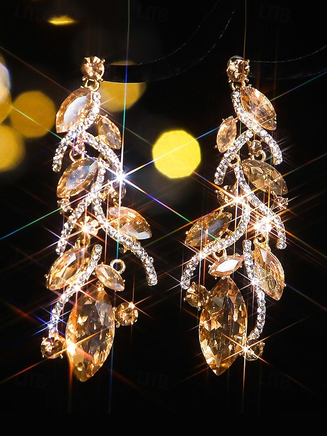 Gold Crystal Earrings Leaf Design Elegant - Women's