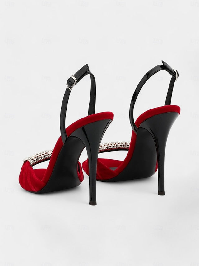 – Accent Stiletto Rhinestone Bold Heels Red Velvet with