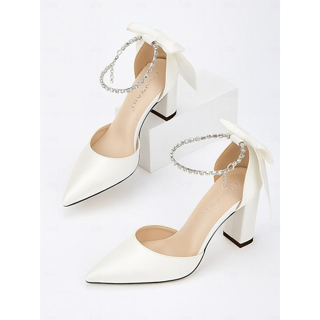 Elegant - Toe Women's Ankle Heel Block Pointed Pumps Satin