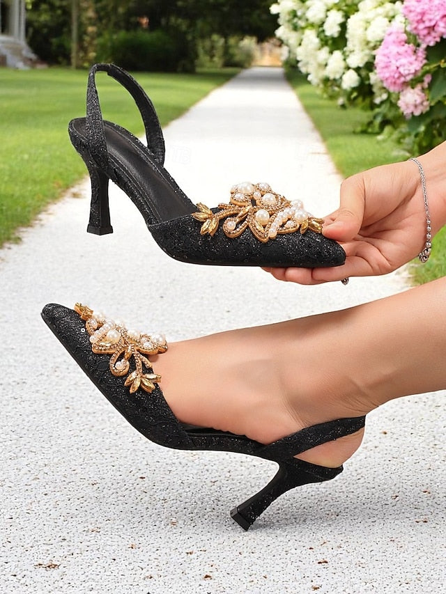 Slingback Detailing Heels Pearl - Women's Black with Satin