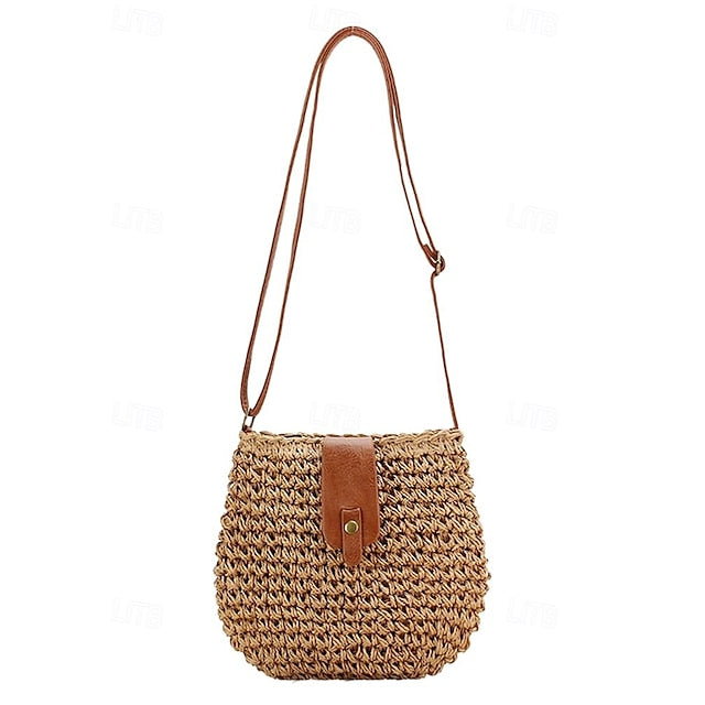 - Crossbody Women’s Chic Strap with Woven Straw Bag Leather