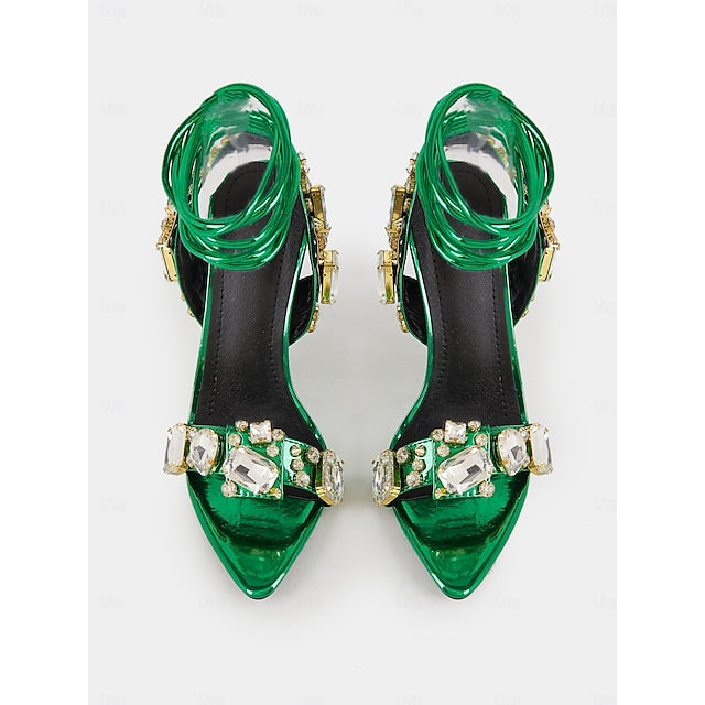 Lace-Up Metallic Stiletto Heels with Green Women's