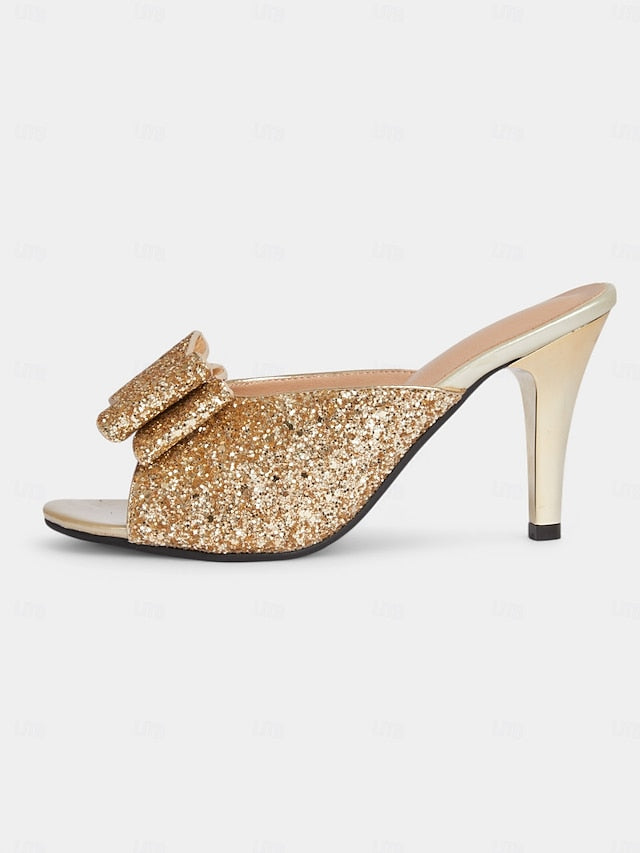 Mules Glitter Bow Stiletto – Party Women's Gold Glamorous
