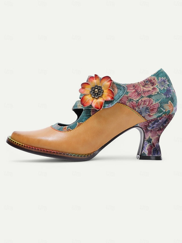 Mary Women's – Floral Vintage Leather 1930s Jane Heels