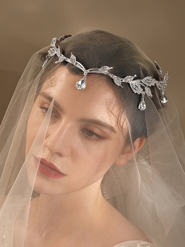 Gemstone with Leaf Gold Headpiece Blue Vintage Drops –