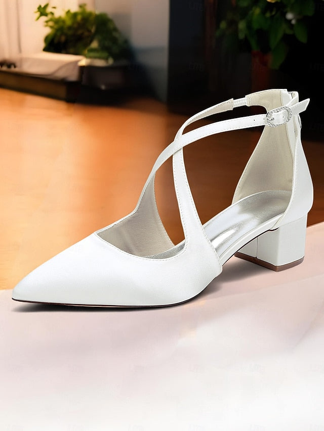 Elegant Heels Satin Toe Block Ivory Pointed Women's -