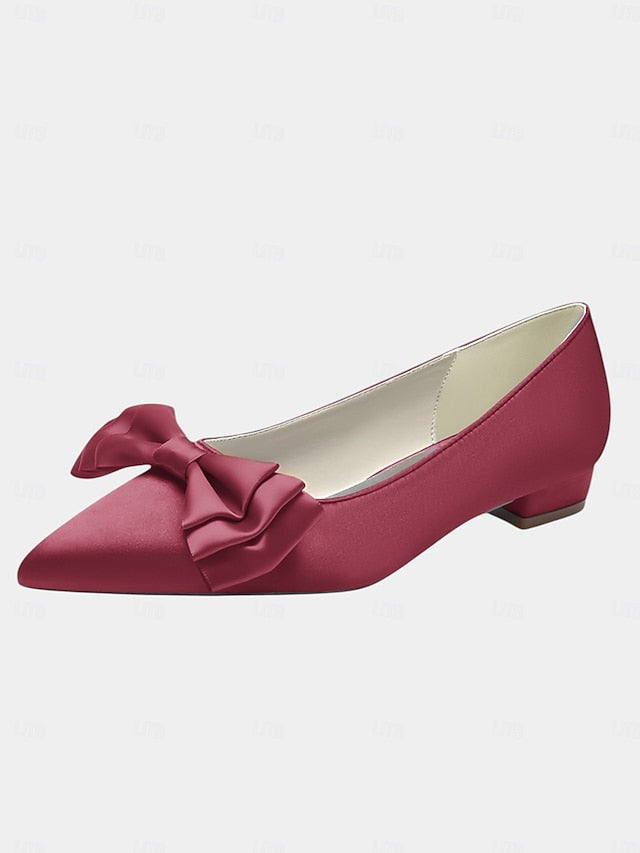 Green Bow Elegant Pointed Toe - Satin Flats Women's