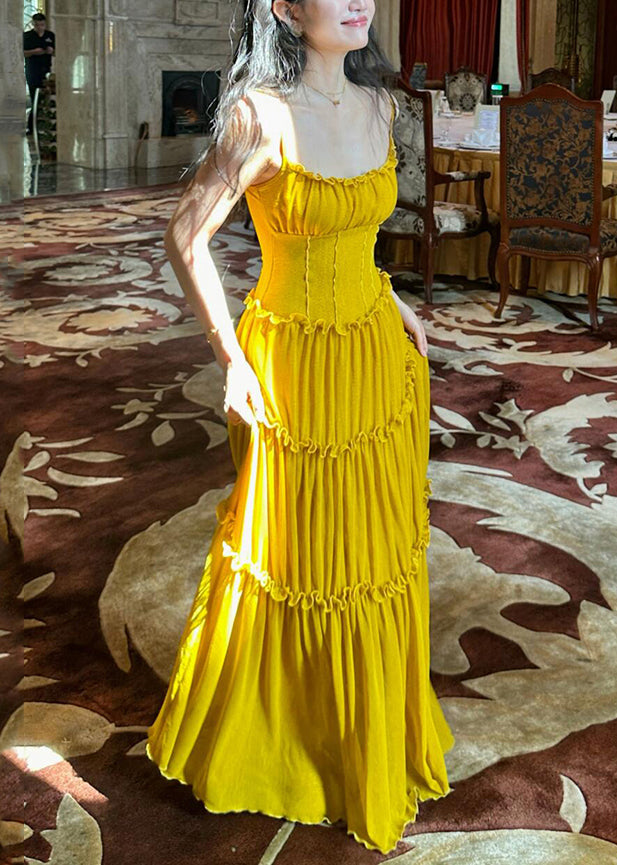 Yellow Ruffled New Cotton Dress Spaghetti Solid Strap Sleeveless