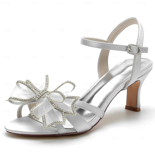 – Sandals Rhinestone Bridal Kitten Heel Detail Luxury with Bow
