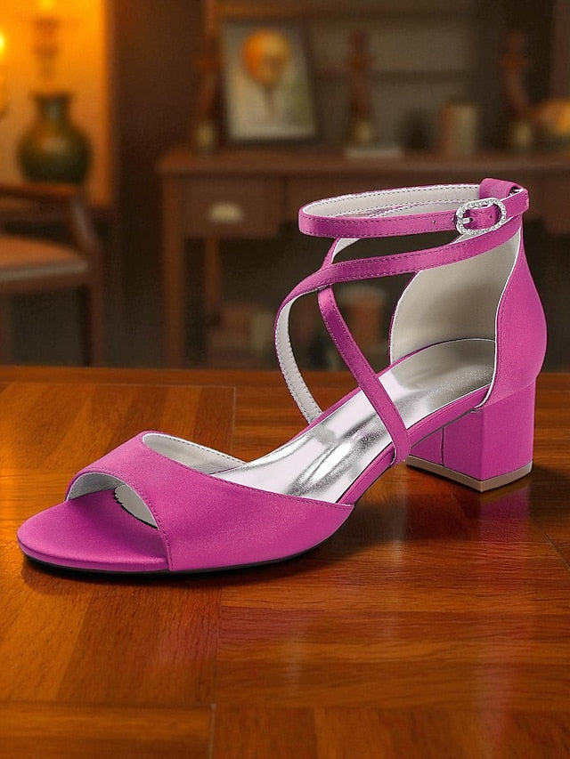 Ankle Strap Satin - with Block Heel Sandals Elegant Women's