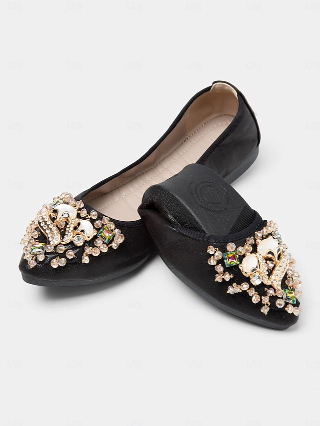 Women's Foldable Flats Rhinestone Black Ballet with
