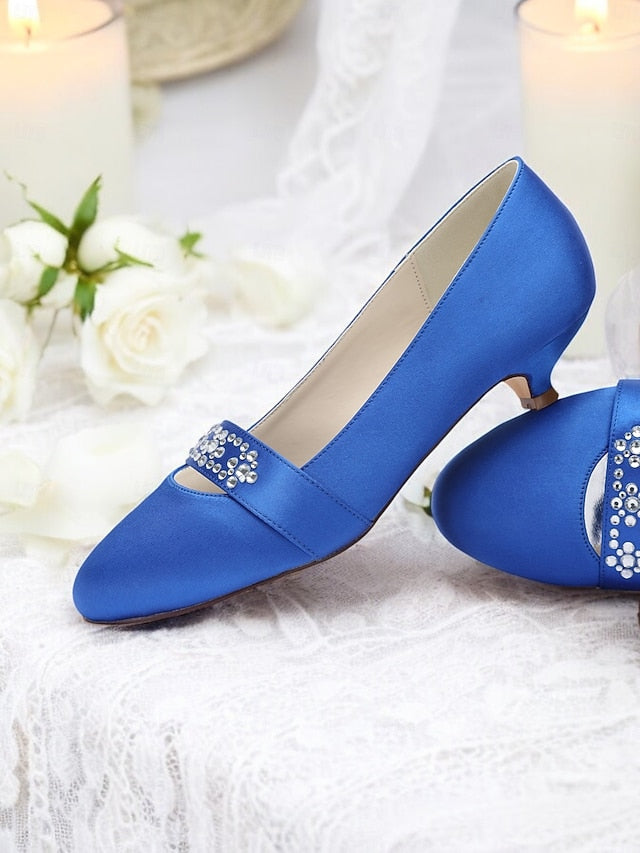 Kitten with Rhinestone Women's Blue Satin Heels