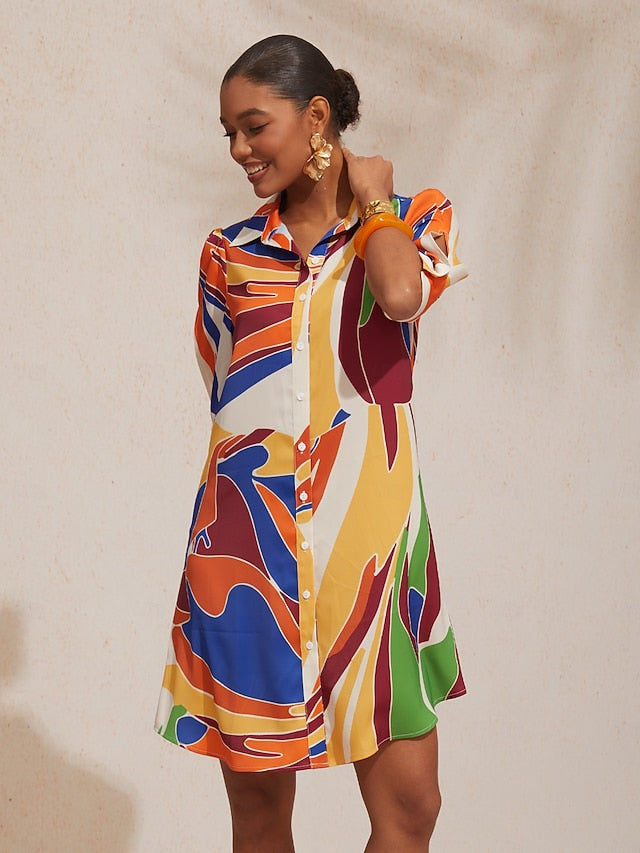 Vacation Geometric Color Block Pattern Straight Satin Shirt