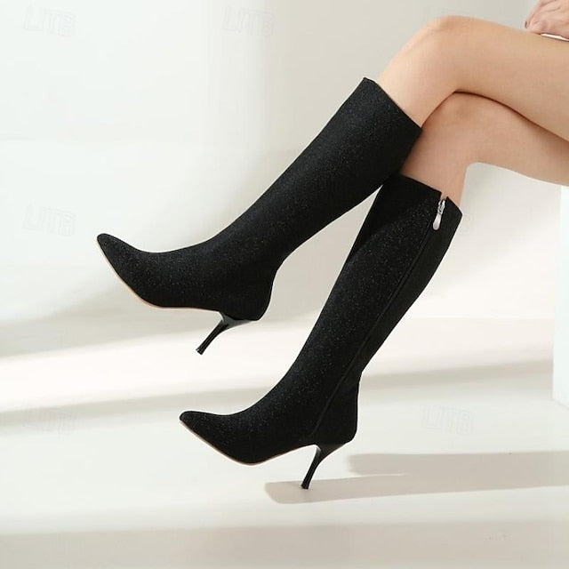 Stiletto Knee-High Elegant Women's Boots Sparkly –