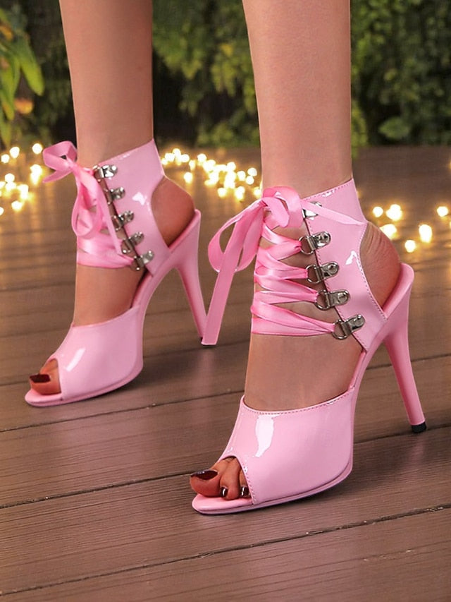 Women's Black - Sandals Cutout Lace-Up Stiletto Sexy Patent