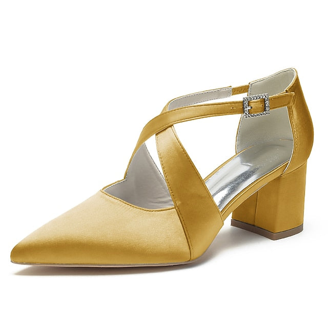 Heels Elegant Women's Pointed – White Toe Block Satin