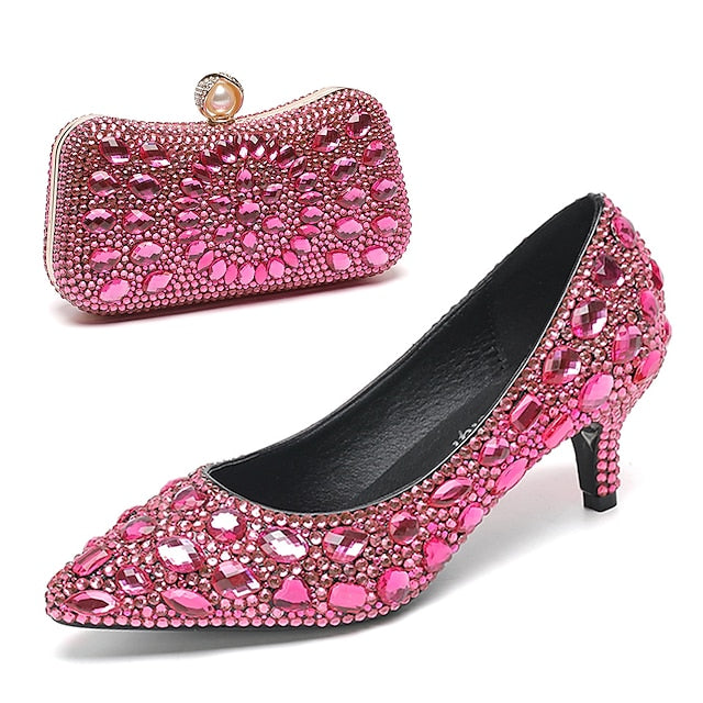 Crystal-Embellished and Shoes Heel Matching Women's Kitten