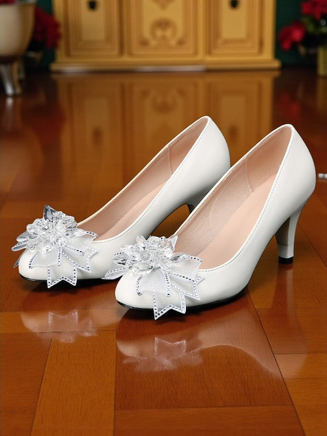 Women's Wedding White Bow Shoes Crystal with Low Heel