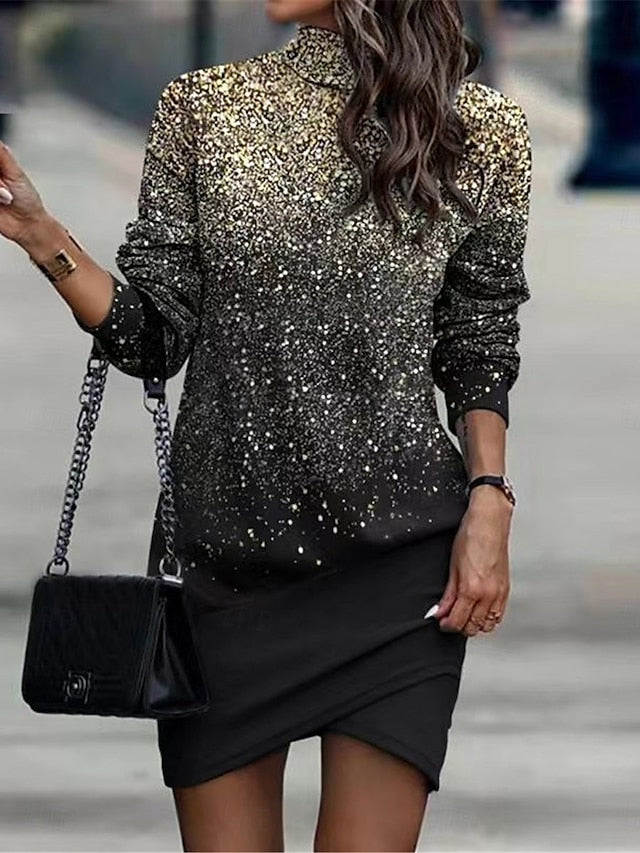 Women's Ombre Plaid Turtleneck Mini Dress Long Sleeve