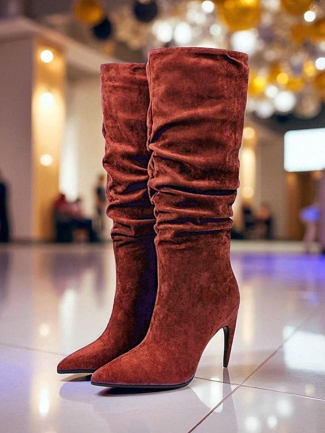 Women's Pointed Knee Toe Slouch High Velvet - Boots Green