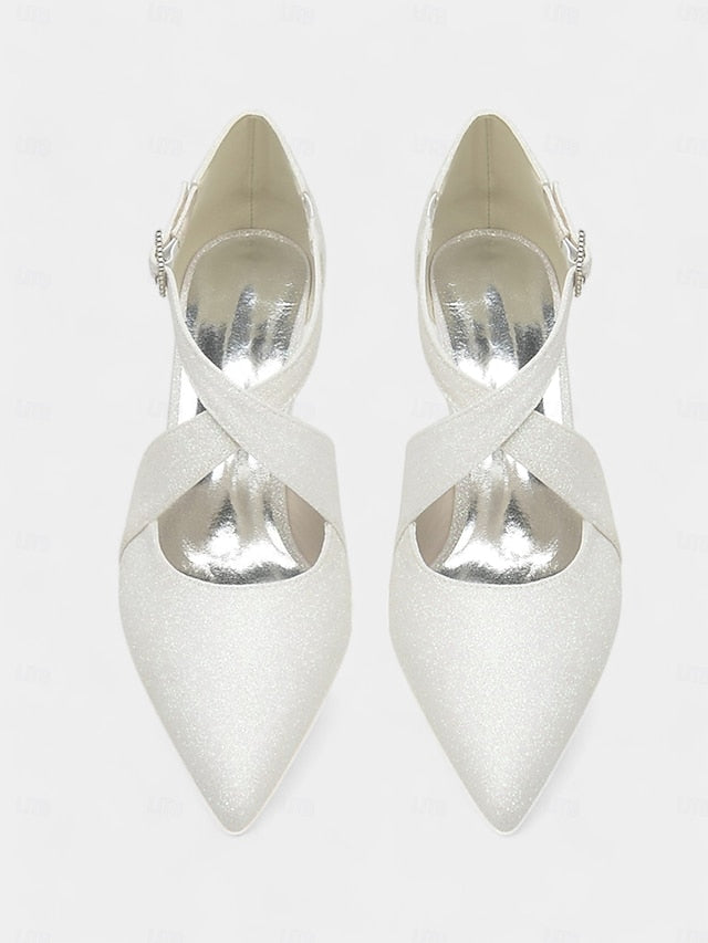 Strap Heels White Kitten Cross Buckle Glitter Rhinestone with