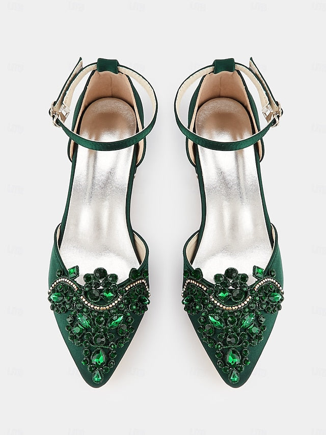 Pointed-Toe – Embellished Vintage Green Flats Style Gemstone