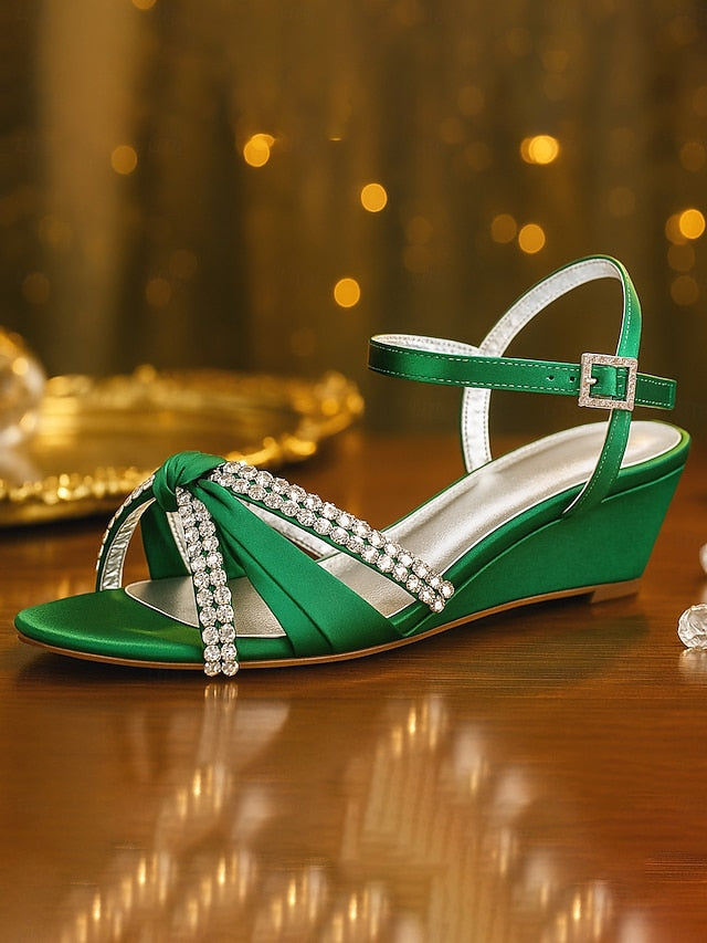 Knot Green Wedge Sandals - Satin Women's Rhinestone