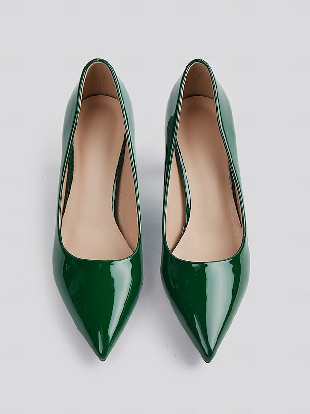 Faux Green Heel Leather Pointed-Toe Patent Block Glossy Pumps