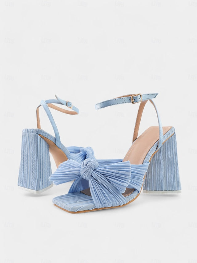 Gold Sandals Textured Block Rose Heel and Knot with Detail