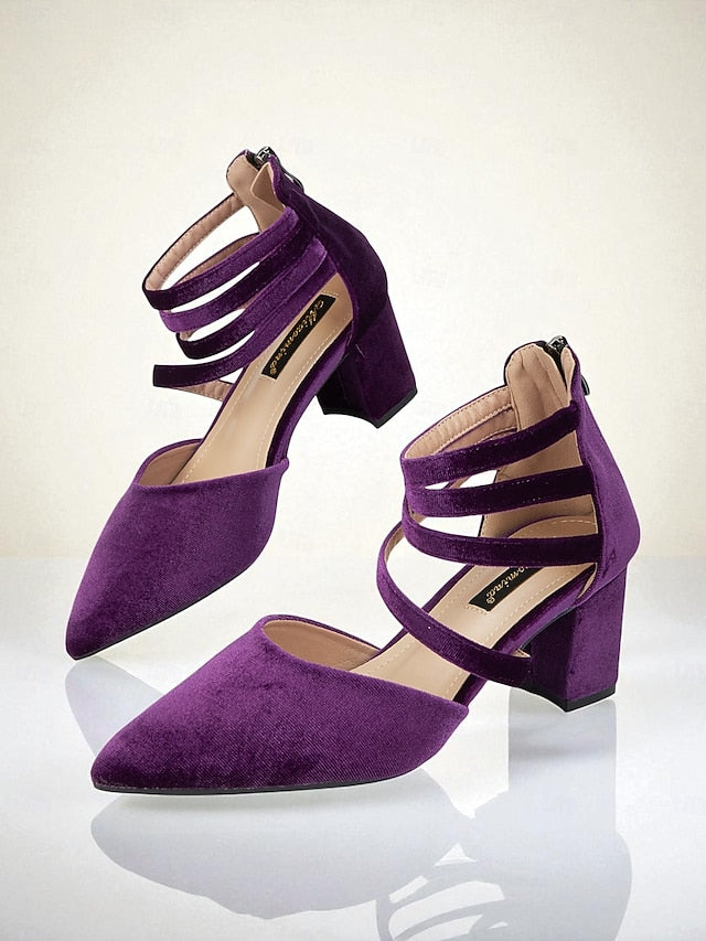 Velvet Block Pumps with Blue Heel Pointed Women's Toe