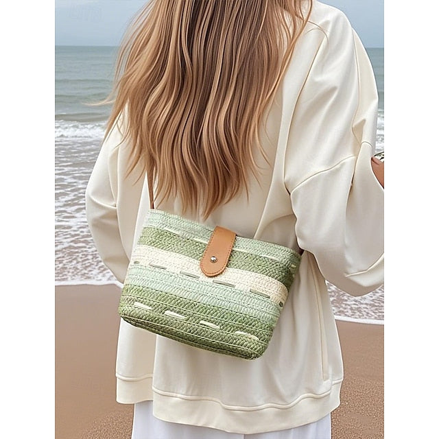 Woven with Women's Colorblock Straw Striped Brown Tote Bag