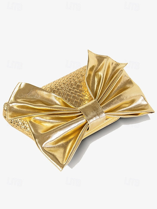 Gold Bow Oversized Women&#39;s with Bag Faux Clutch Leather
