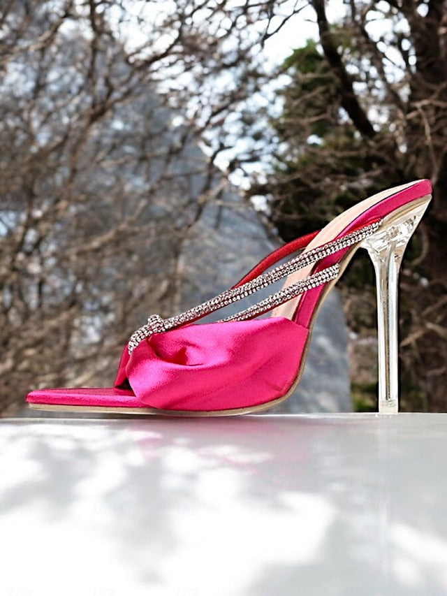 Heeled Pink – Women's Rhinestone Sandals Satin Bow Hot