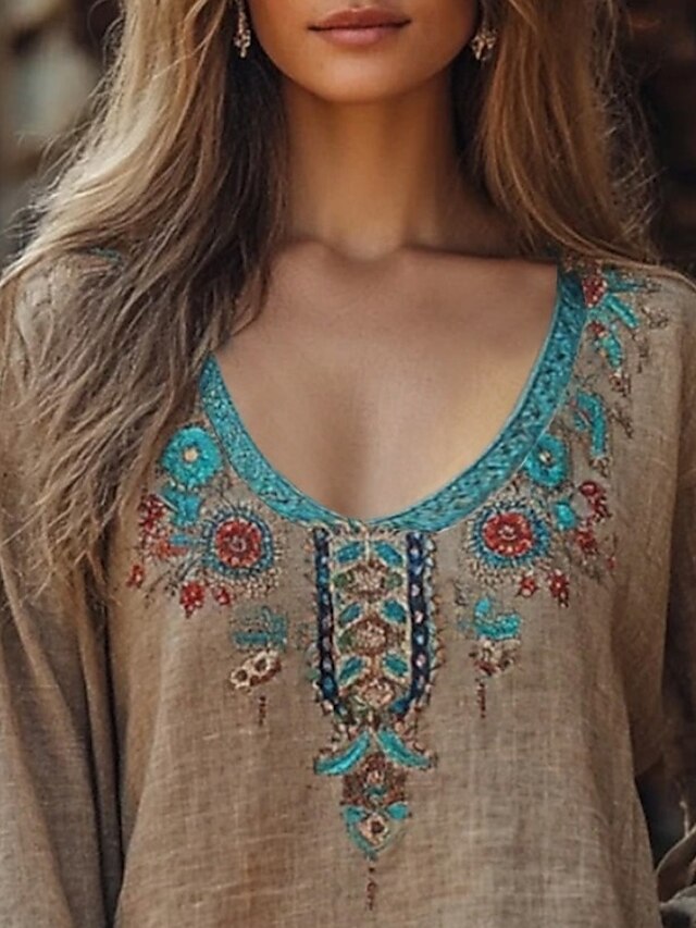 Women's Western Blouse Boho Shirt Blouse Flower Boho Long