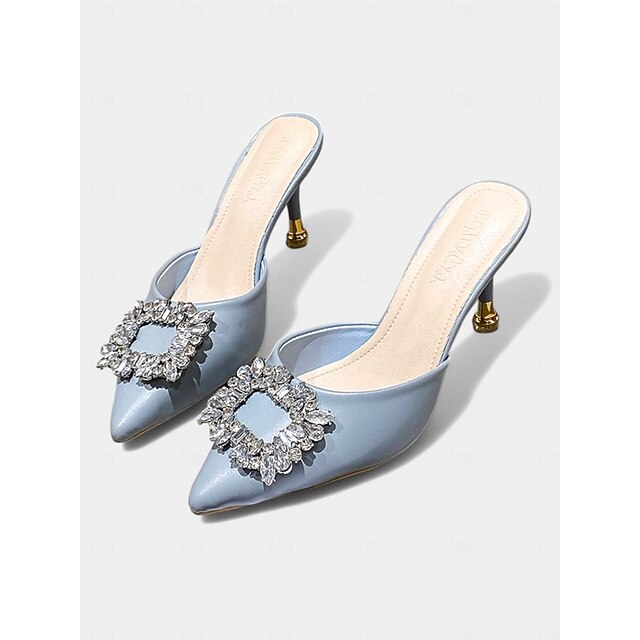 Pointed Women's Blue Toe with Buckle Crystal Light Mules