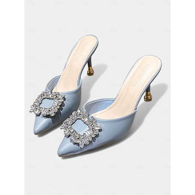 Pointed Crystal Toe Women's Mules Buckle Light with Blue