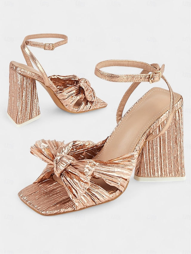 Knot Textured Detail Rose Sandals Block with and Gold Heel